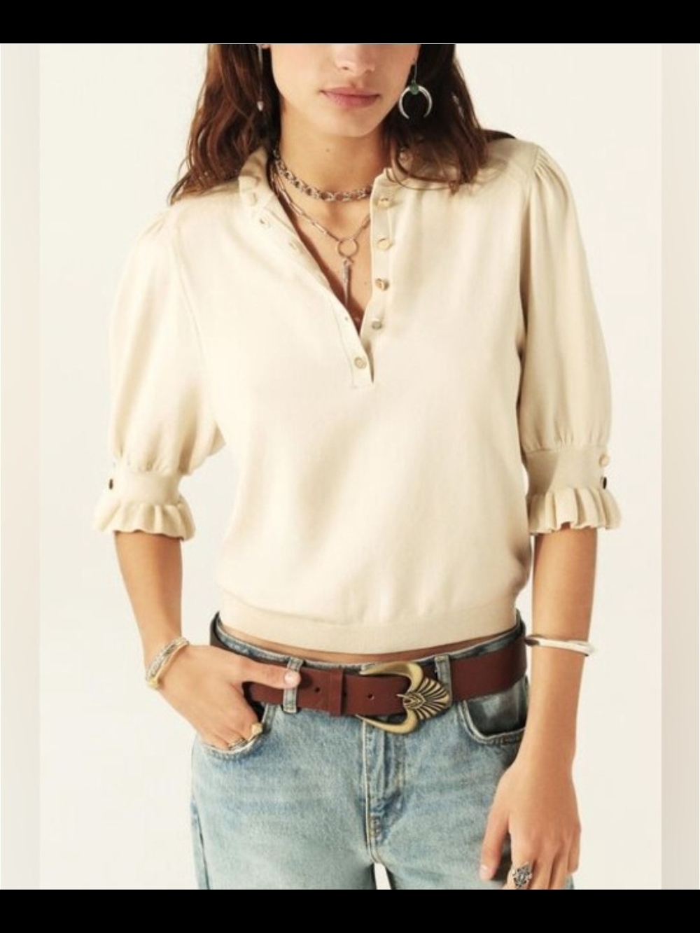 ba&sh Cream Ruffle Cuff Henley Top